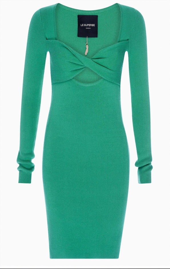 RETROGRADE TWIST FRONT LONG SLEEVE KNIT DRESS IN EMERALD, , alternate image number 6
