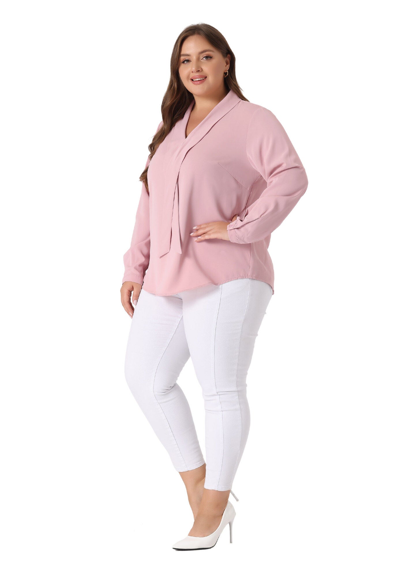 Long Sleeve Tie V Neck Chiffon Blouse, Pink / Pink, hi-res image number 0