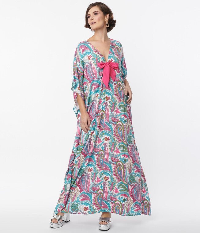 UNIQUE VINTAGE PINK & BLUE PAISLEY PRINT BOW FRONT CAFTAN, Pink Blue / Pink, hi-res image number 0