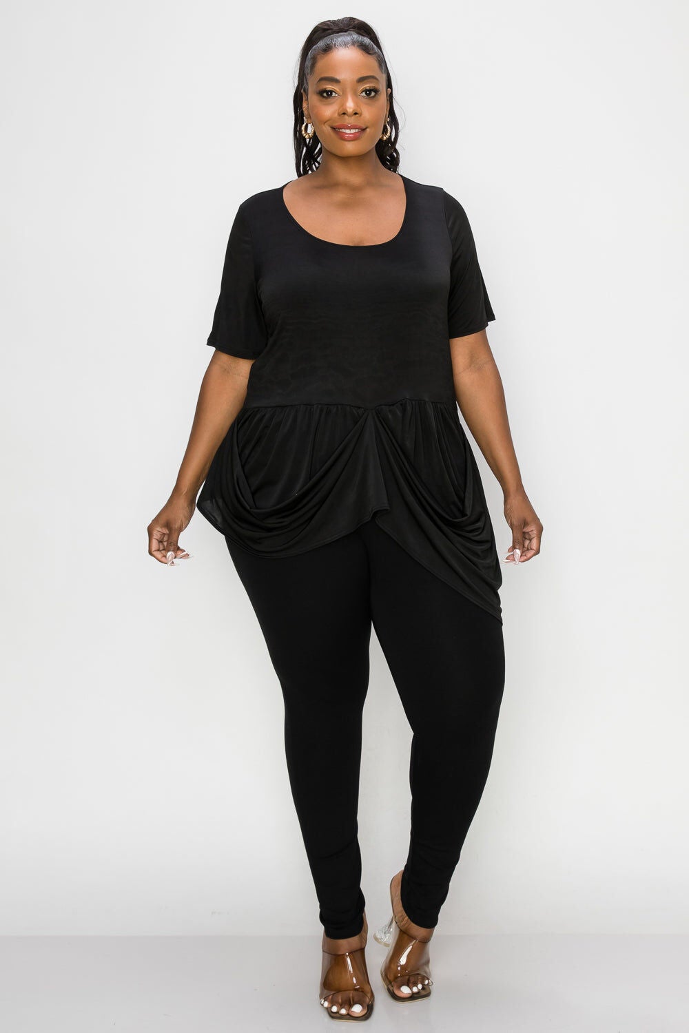 SAVANNAH DRAPED PEPLUM TOP, Black / Black, hi-res image number 0
