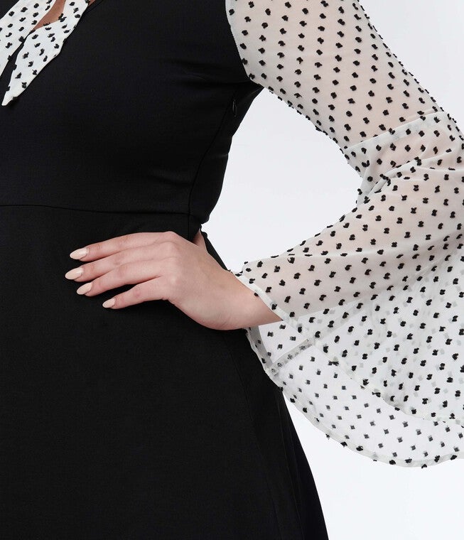 Smak Parlour Black & White Polka Dot Bell Sleeve Flare Dress, , alternate image number null