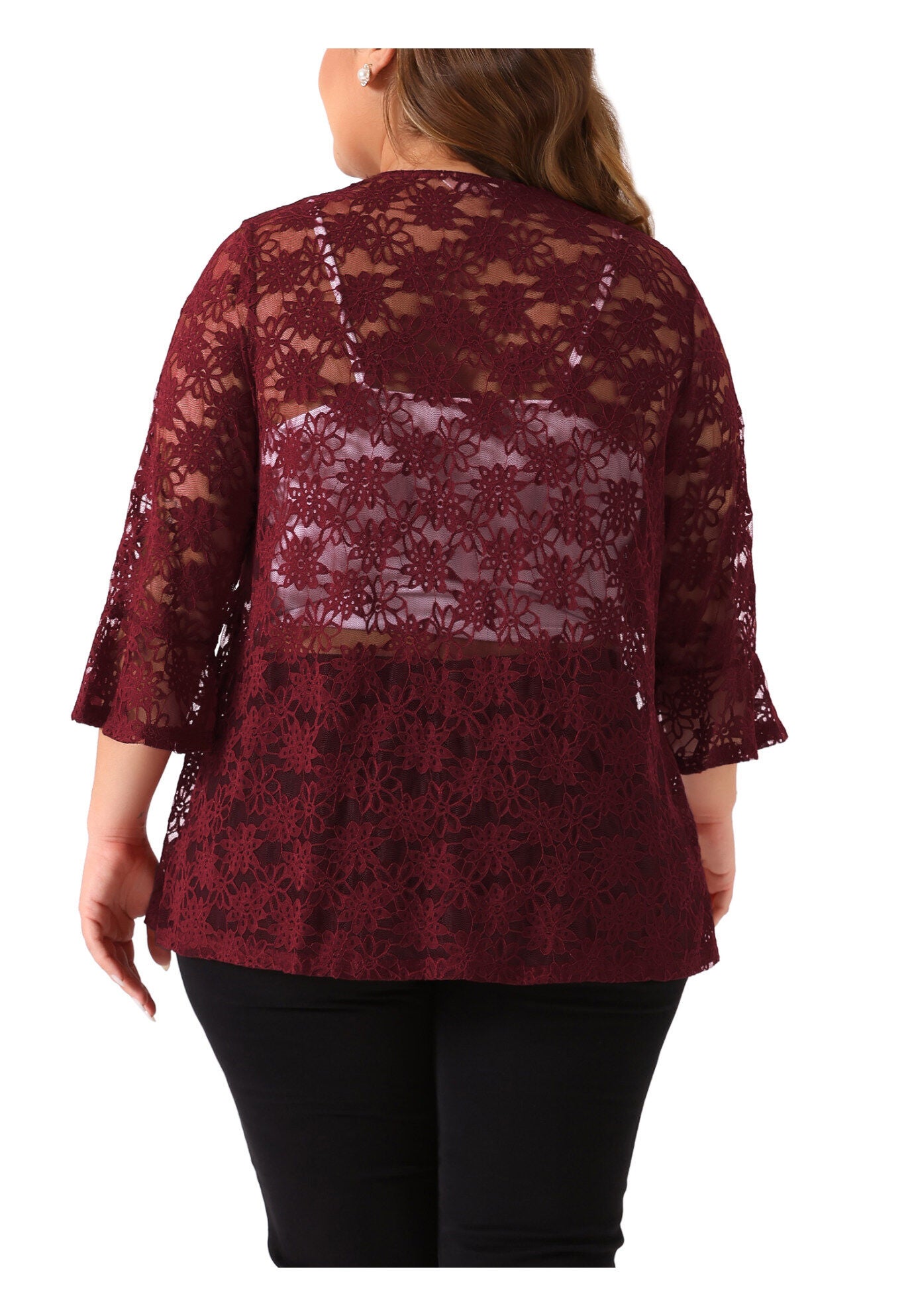OPEN FRONT 3/4 BELL SLEEVE SHEER LIGHTWEIGHT LACE COVER UP CARDIGAN, Burgundy / Red, alternate image number 3