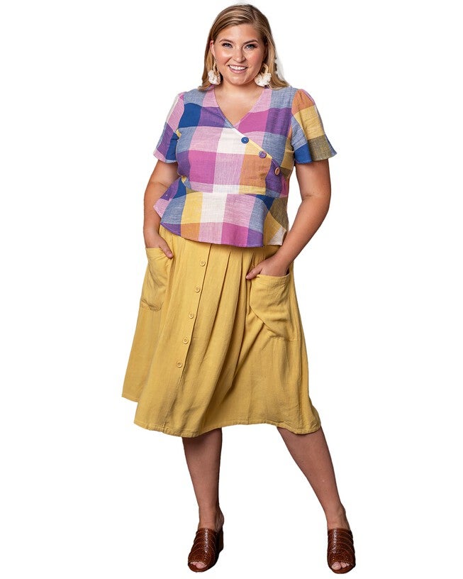 Gaia Plaid Button-Front Peplum Top, Pastel Plaid / Purple, alternate image number 3