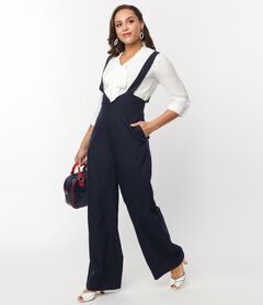 Unique Vintage Navy Wide Leg Suspender Pants