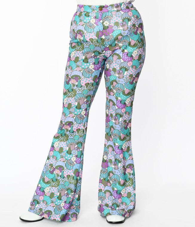 Smak Parlour Teal Groovy Mushrooms Find Your Flare Pants, Teal purple green Mushroom print / Teal, alternate image number 2