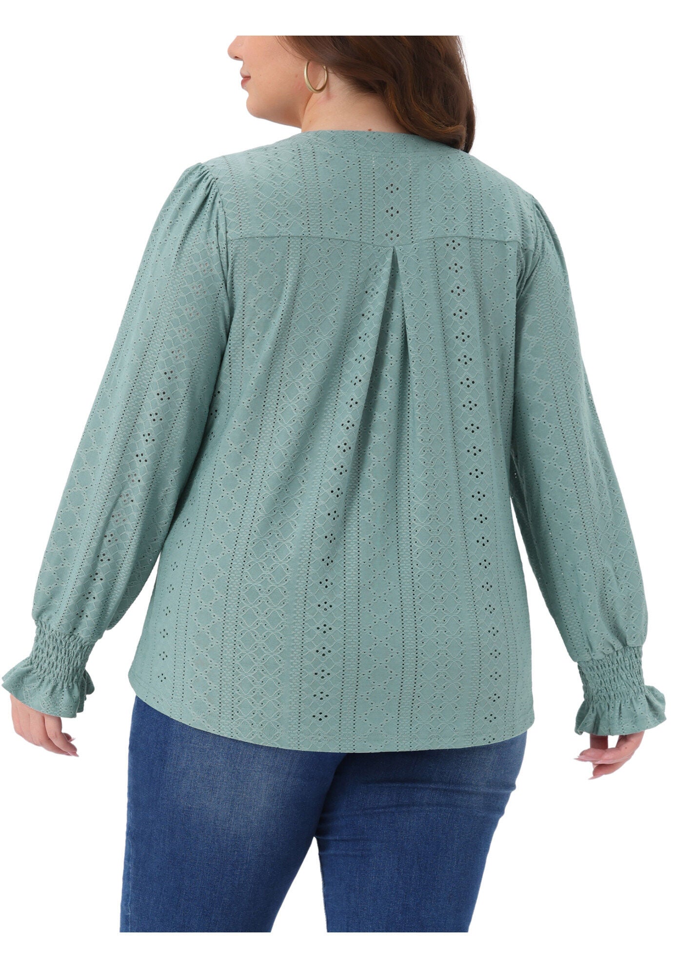 Eyelet Notched V Neck Smocked Hollow Out Blouses, Green / Sage Green, alternate image number 3