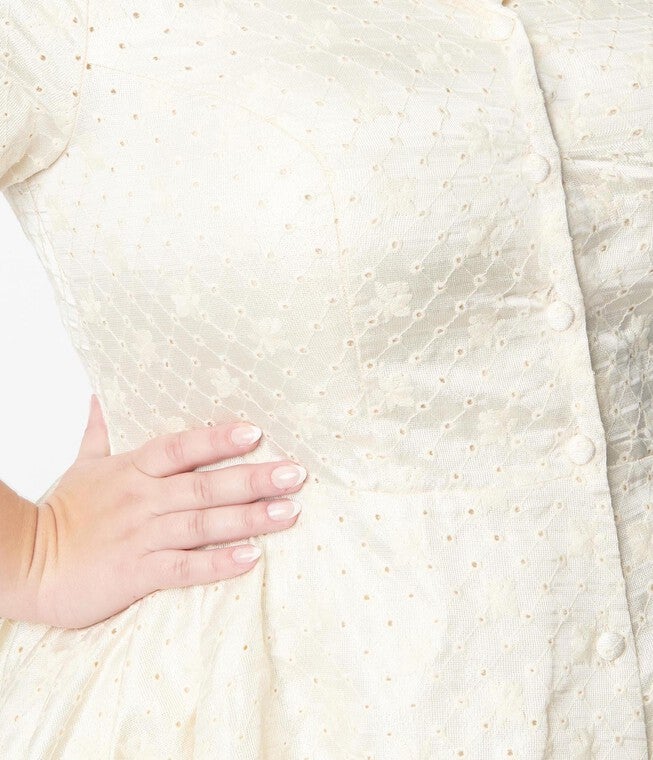 Unique Vintage Plus Size Ivory & Gold Brocade Swing Dress, Ivory Gold / Ivory, alternate image number 3