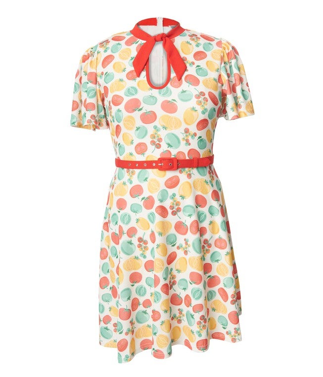Unique Vintage Ivory & Red Tomato Print Flare Dress, White Tomato Print / White, hi-res image number null