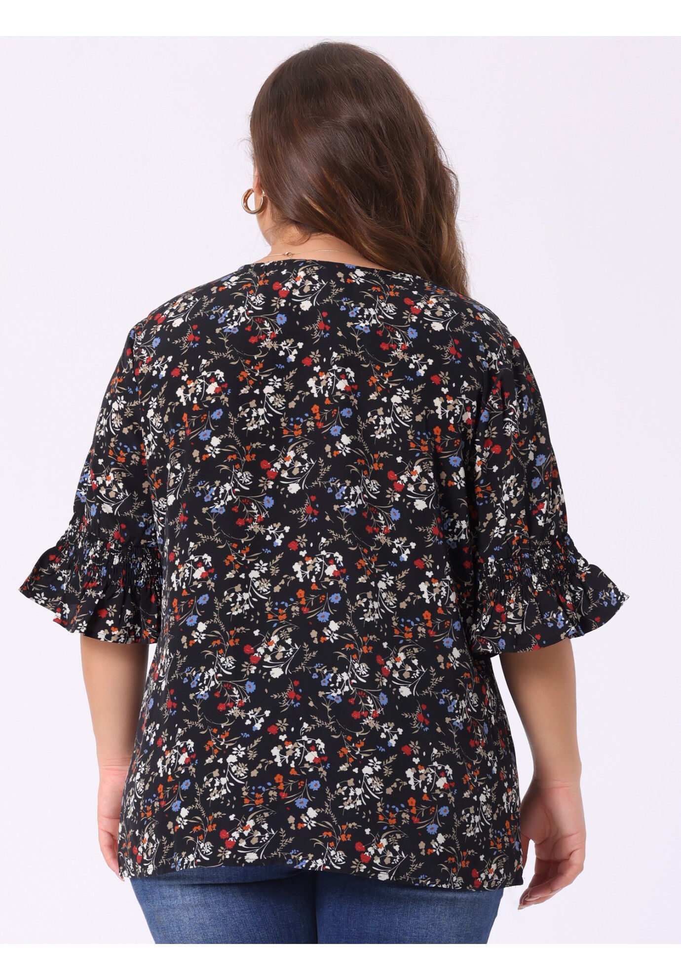 Ruffle Blouse V Neck Smocked Sleeves Top, Black / Black, alternate image number 3