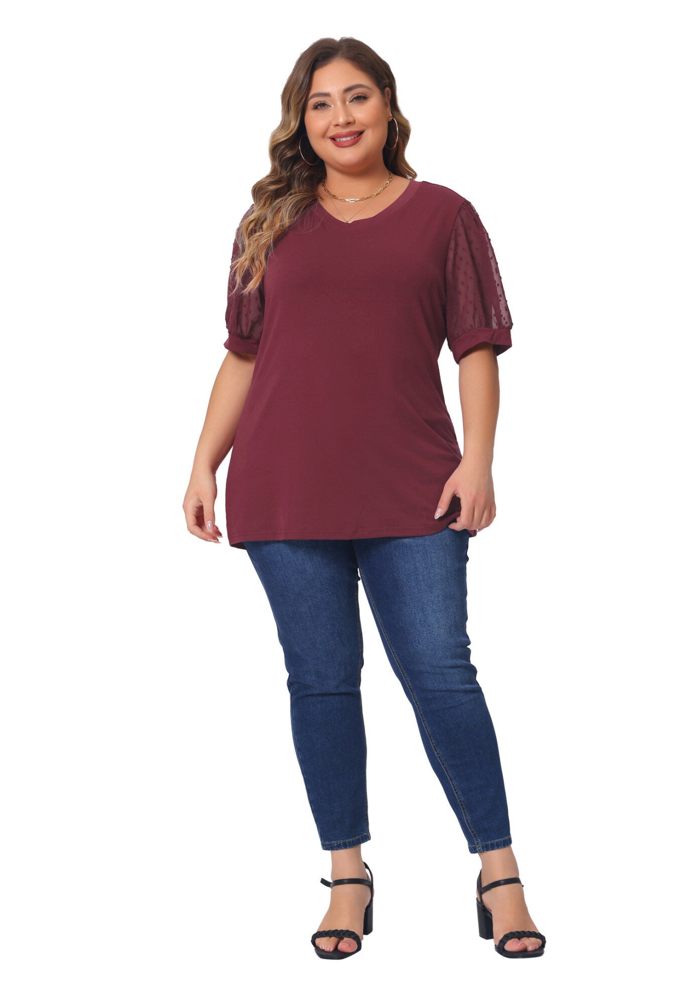 V Neck Swiss Dots Puff Sleeve Loose Top, Red / Red, hi-res image number 0