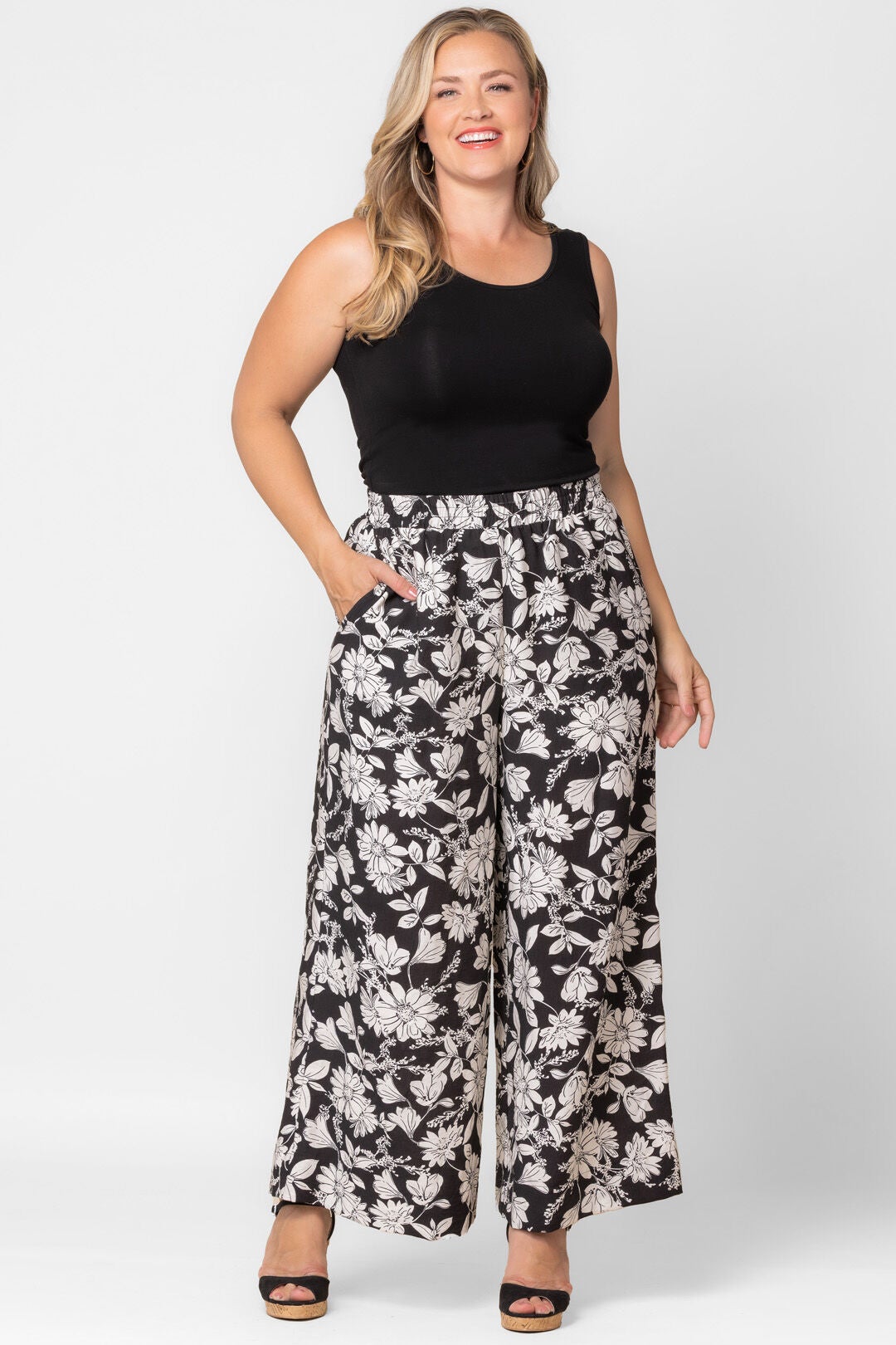 Eva Wide Leg Palazzo Pants, Black  White Florals / Black, hi-res image number 0