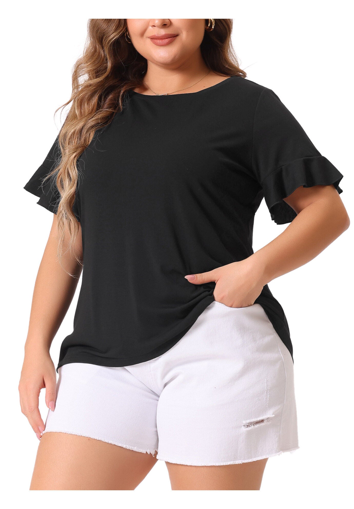 PLAIN CREW NECK RUFFLE SHORT SLEEVE TEE TOP, Black / Black, alternate image number 1