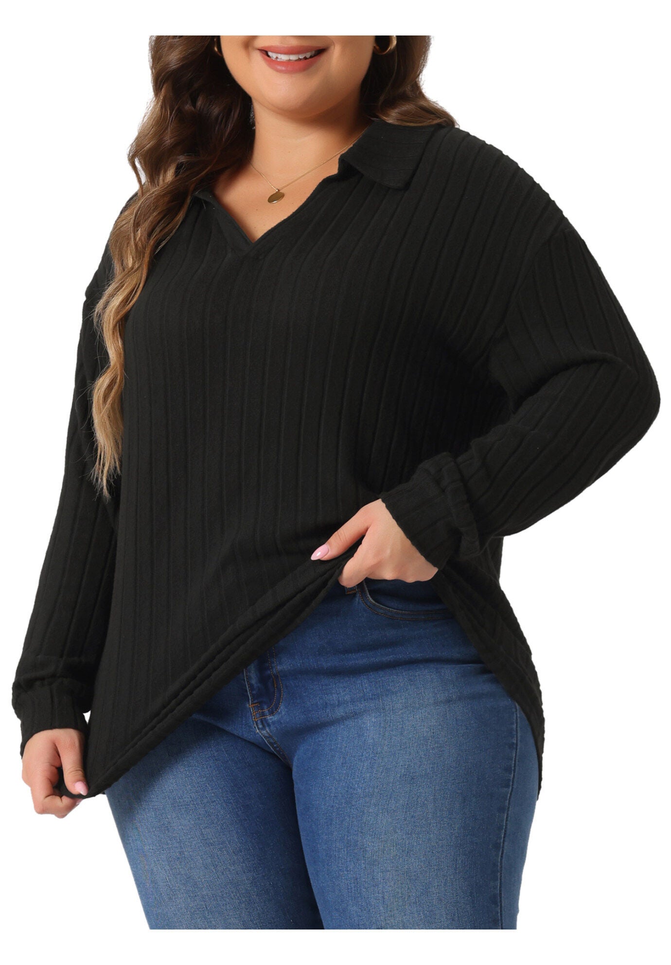Loose Polo V Neck Long Sleeve Ribbed Knit Top, Black / Black, alternate image number 1
