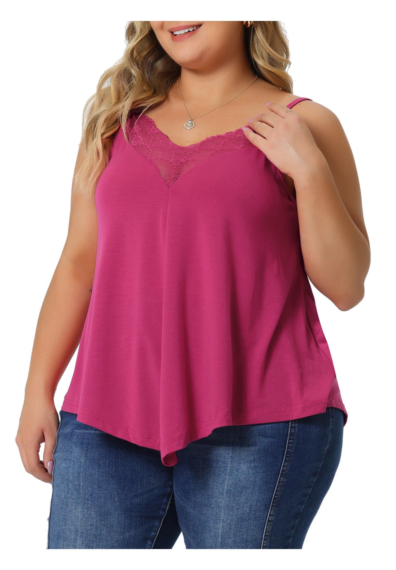 V-NECK LACE FRONT SPAGHETTI STRAP SLEEVELESS CAMI TANK TOP, Fuchsia / Deep Fuchsia, alternate image number 3