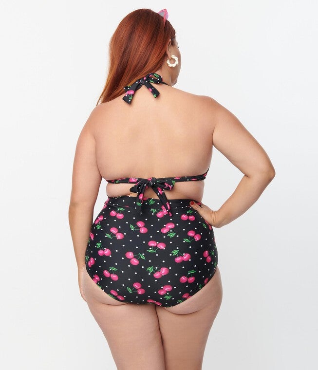 Unique Vintage Black & Hot Pink Cherry Pin Dot Monroe Swim Bottom, , alternate image number null