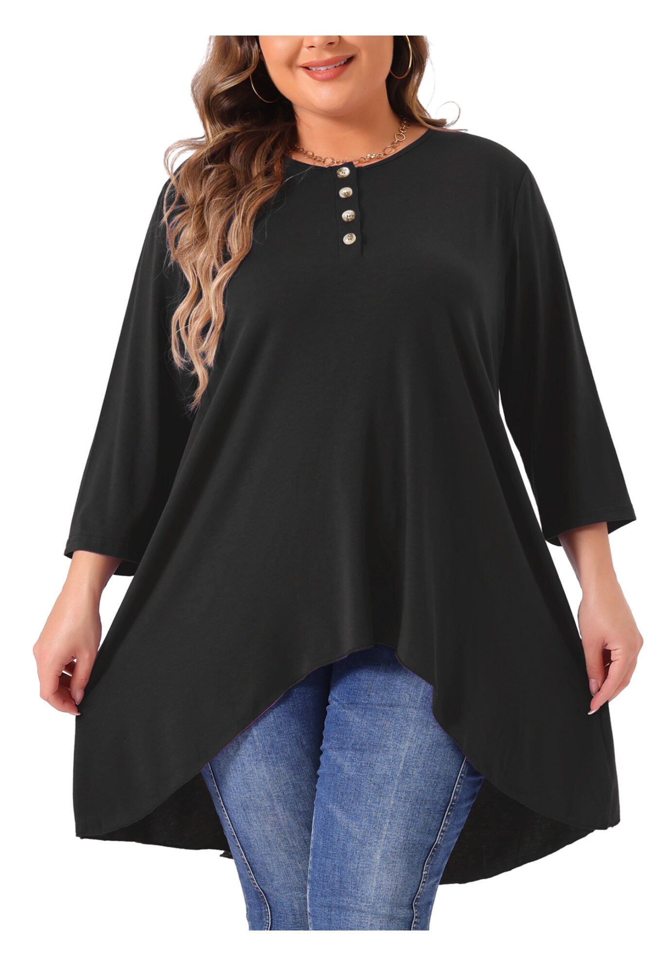 3/4 Sleeve Buttons Crew Neck High Low Loose Fit Tunic Top, Black / Black, alternate image number 3
