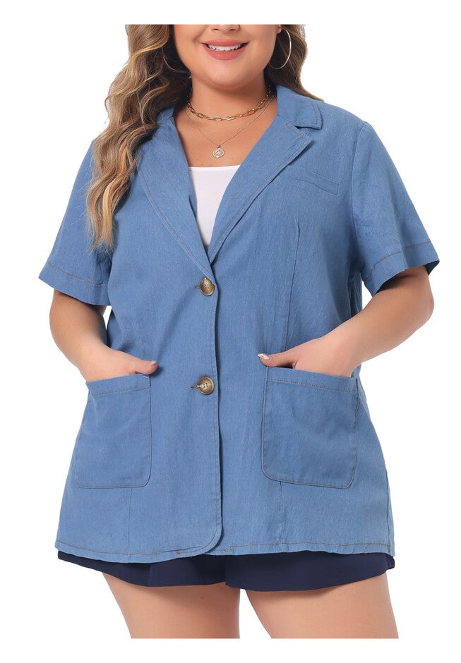 Front Lapel Short Sleeve Button Down Chambray Denim Shirt, Sky Blue / Light Blue, alternate image number 1