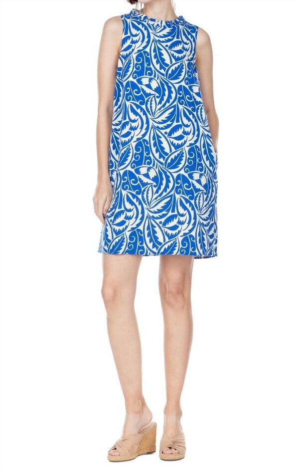 RUFFLES SQUARE BACK DRESS IN ROYAL PRINT, Royal Print / Light Blue, hi-res image number null