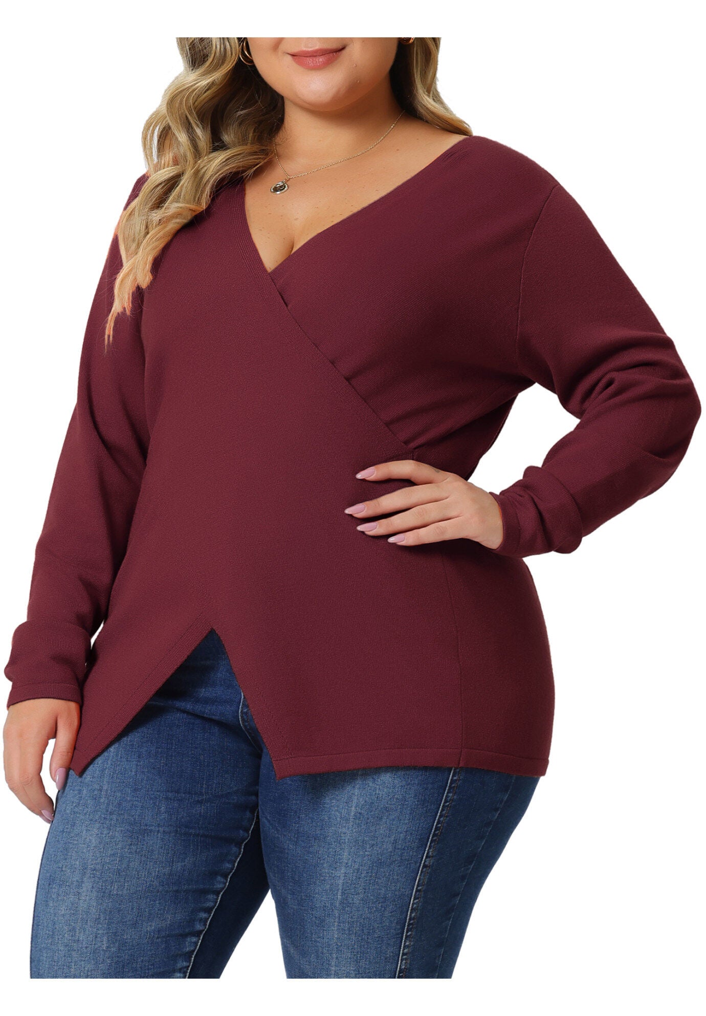 Wrap V Neck Criss Cross Asymmetrical Knit Top, Red / Red, alternate image number 4