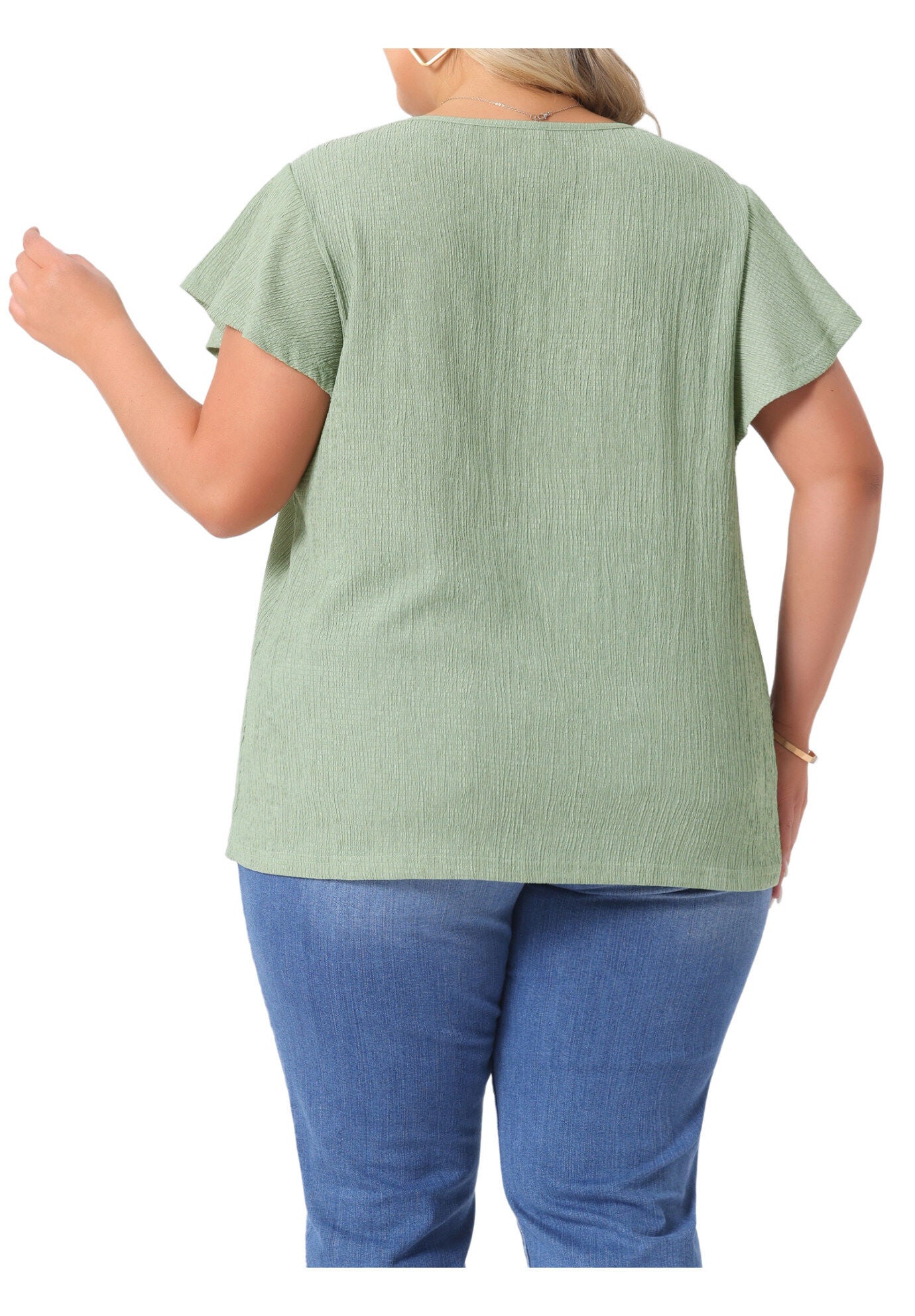 V Neck Ruffle Short Sleeve Summer Blouse, Green / Olive Green, alternate image number 3