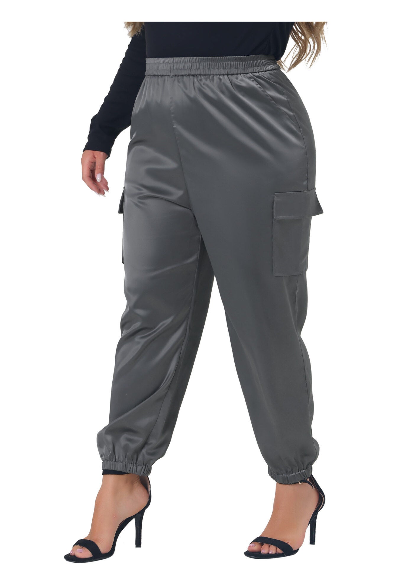 SATIN JOGGERS ELASTIC WAIST ATHLEISURE ANKLE LENGTH CARGO PANTS, Dark Gray / Charcoal Grey, alternate image number 1