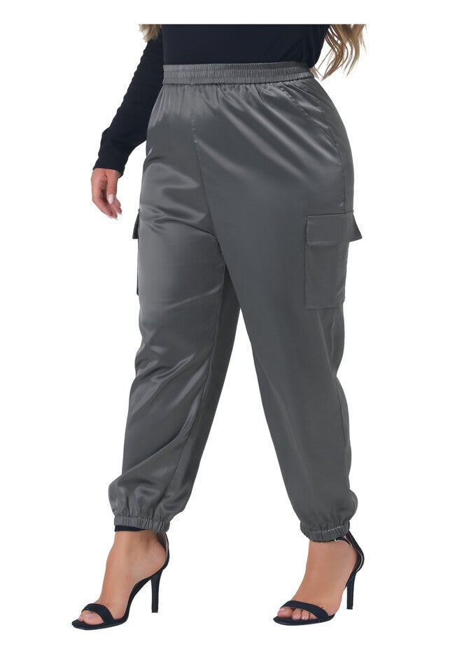 SATIN JOGGERS ELASTIC WAIST ATHLEISURE ANKLE LENGTH CARGO PANTS, Dark Gray / Charcoal Grey, alternate image number 1