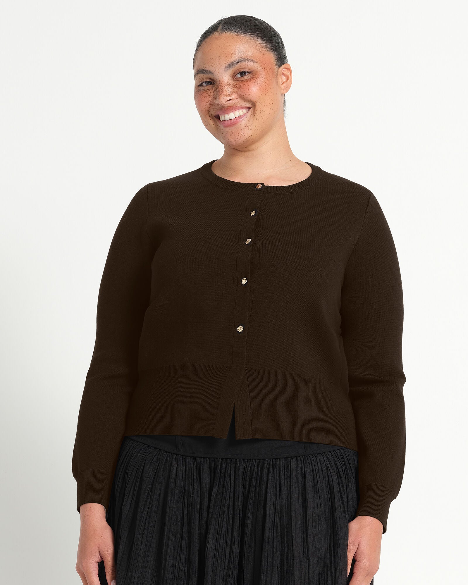 Jasmine Fitted Crew Knit Cardigan, Choc / Brown, hi-res image number 0