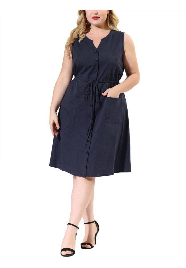 V Neck Sleeveless Pocket Drawstring Waist Midi Work Shirt Dress, Dark Blue / Navy, alternate image number 2