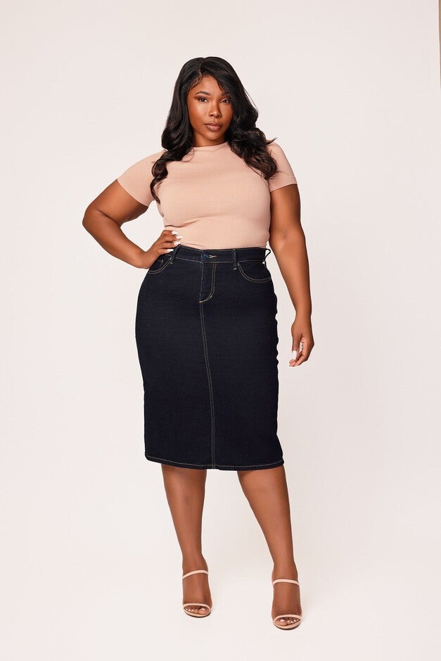 Denim Midi Skirt with Side Vent, Abigail / Dark Wash, hi-res image number 0