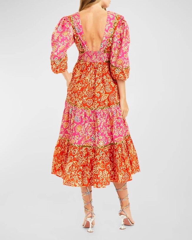 ELISE PUFF SLEEVES MIDI DRESS IN ALESSANDRA PINK PRINT, Alessandra Pink Print / Red, alternate image number null