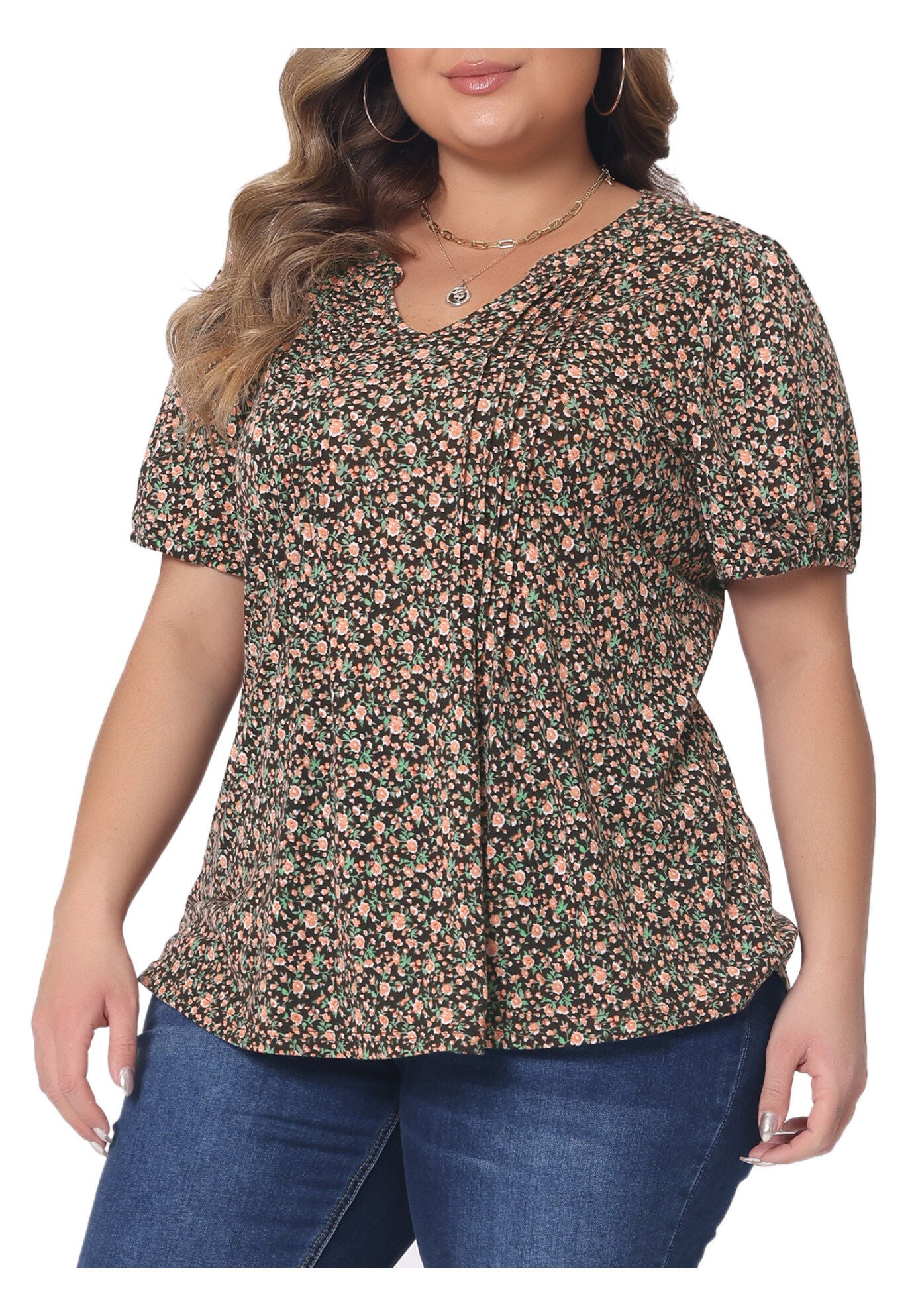 Short Sleeve Pleated T-Shirts Notched V Neck Blouse Floral Top, Brown / Brown, alternate image number 4