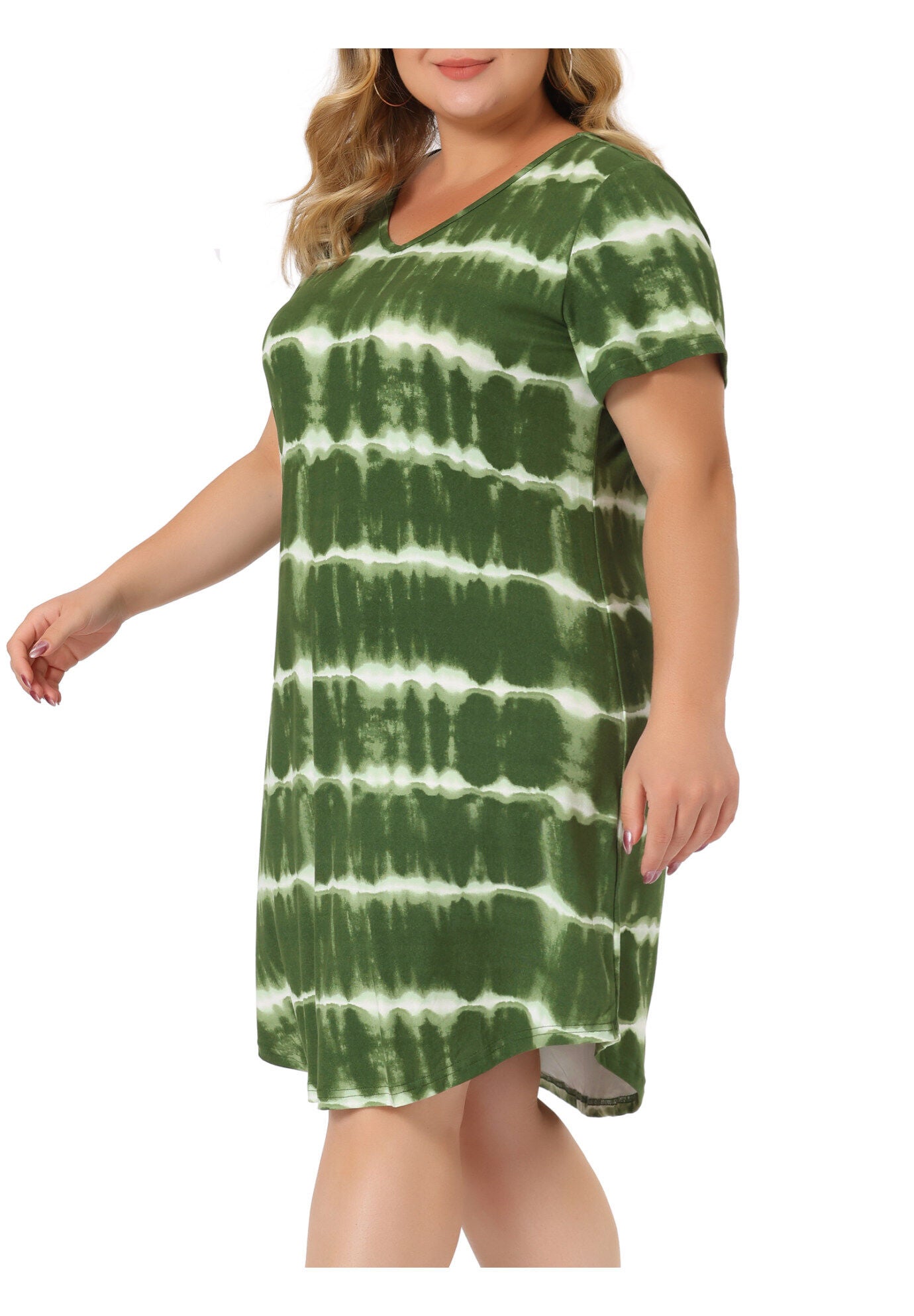 Tie Dye Summer V Neck Short Sleeve Dress, Green / Light Green, alternate image number 1