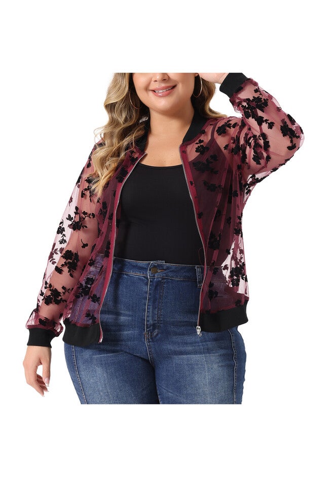 SHEER FLORAL LACE LONG SLEEVE BASEBALL JACKET, Burgundy / Red, alternate image number 1