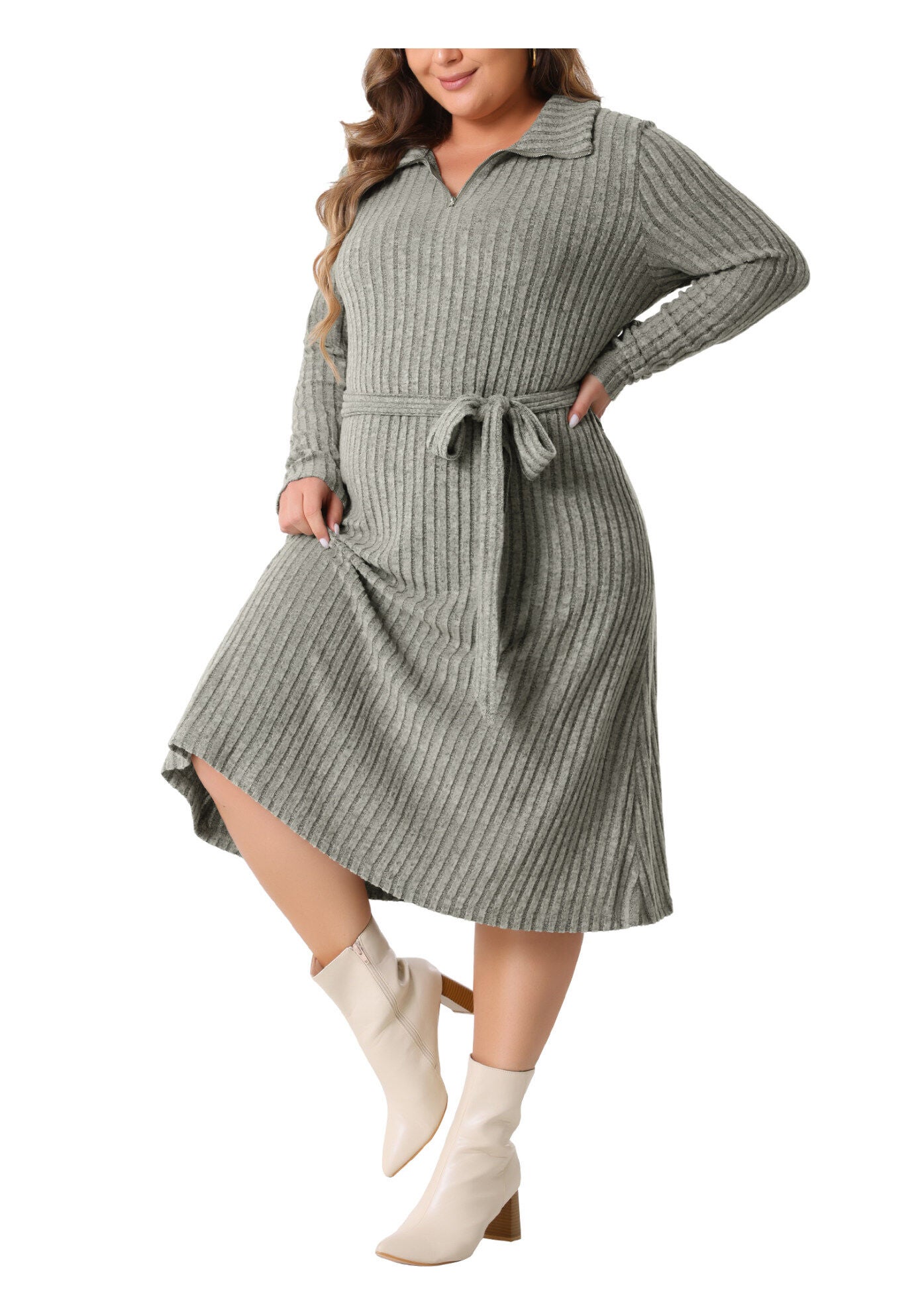Ribbed Sweater Half Zip Front Tie Waist Knit Midi Dress with Belt, Grey / Warm Grey, alternate image number 4