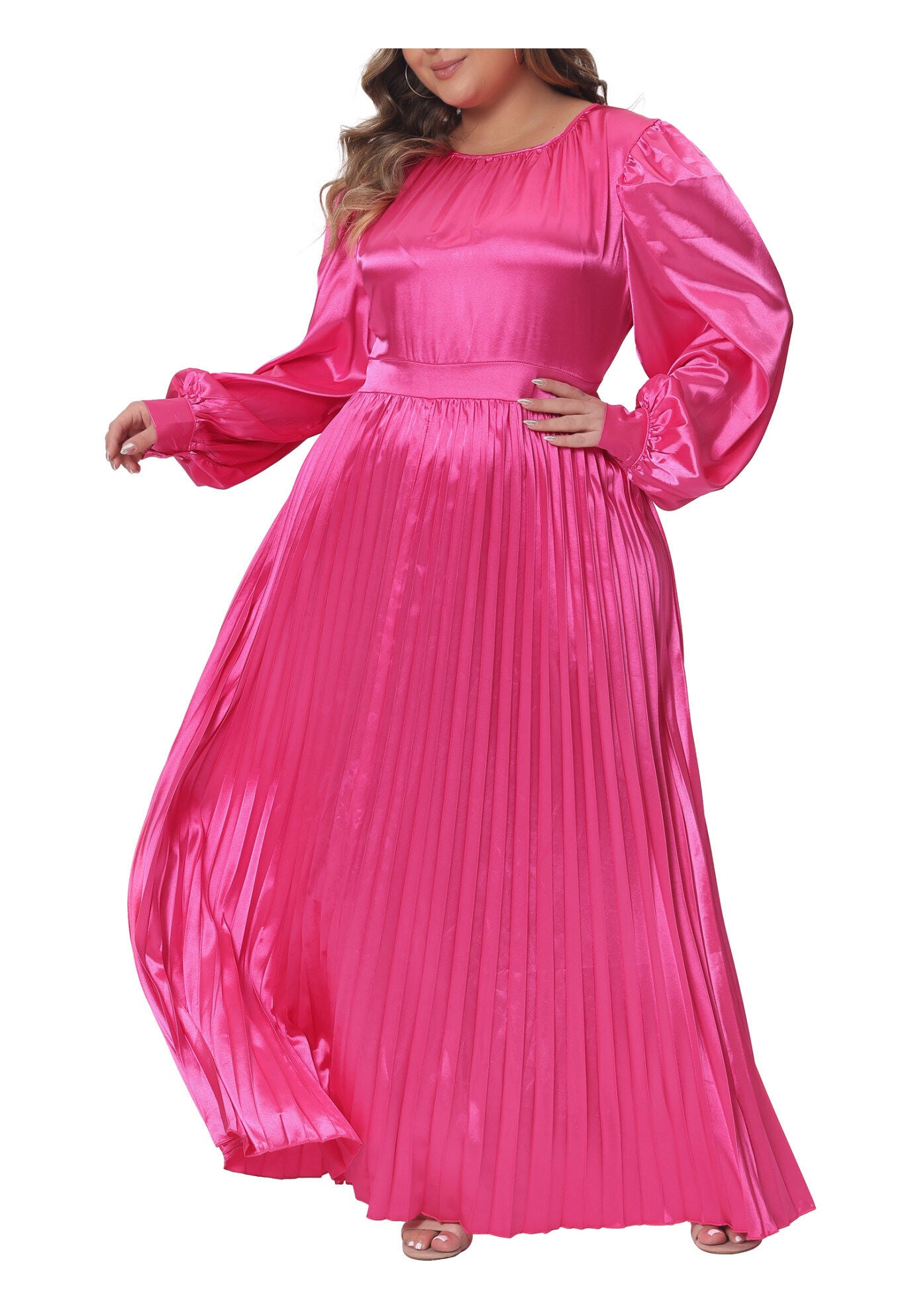 Lantern Long Sleeve Flowy Swing Pleated Maxi Dress, Hot Pink / Gold, alternate image number 2