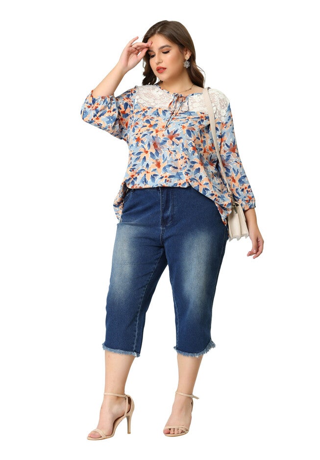 3/4 Sleeve Tie Neck Lace Floral Summer Blouse, Beige / Beige, hi-res image number 0