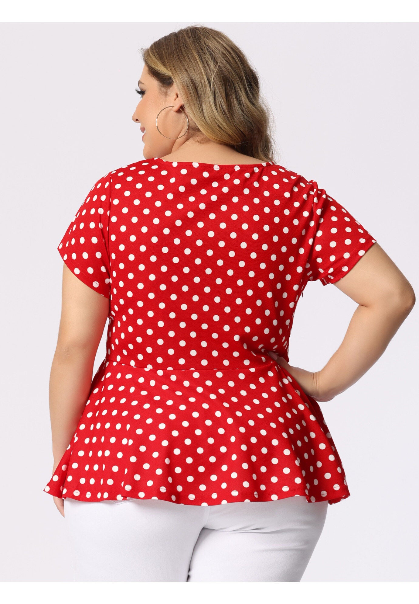 Casual Short Sleeve Polka Dots Peplum Tops Shirts, Red / Red, alternate image number 3