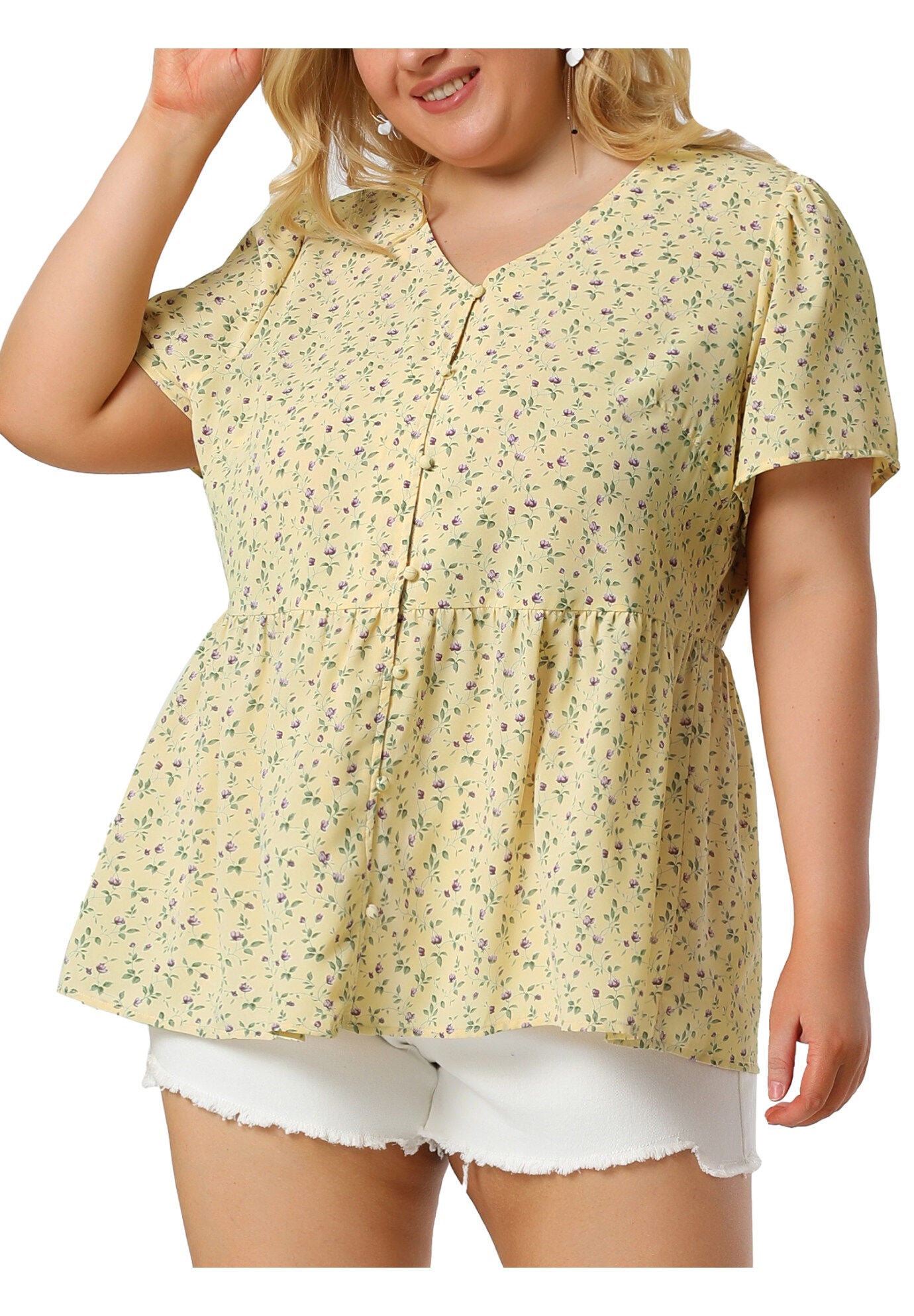 Chiffon Shirt V Neck Ruffle Short Sleeve Floral Peplum Top, Yellow / Yellow, alternate image number 1