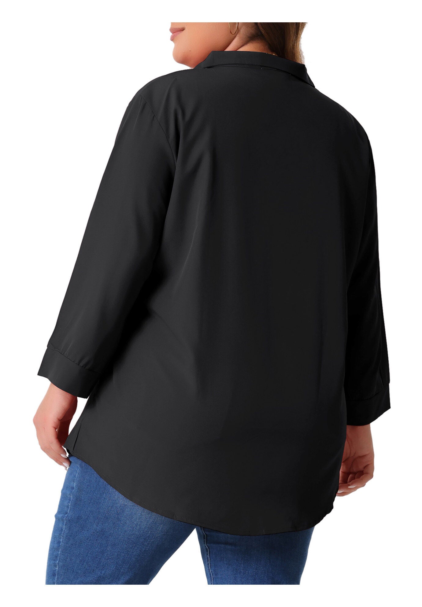V Neck 3/4 Sleeve Flowy Blouse Work Chiffon Shirt, Black / Black, alternate image number 3