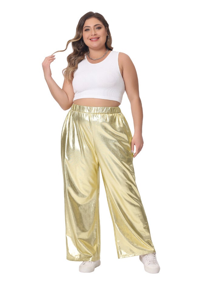 HOLOGRAPHIC METALLIC HIGH WAIST STRETCHY JOGGER PANTS, Gold / Gold, hi-res image number 0