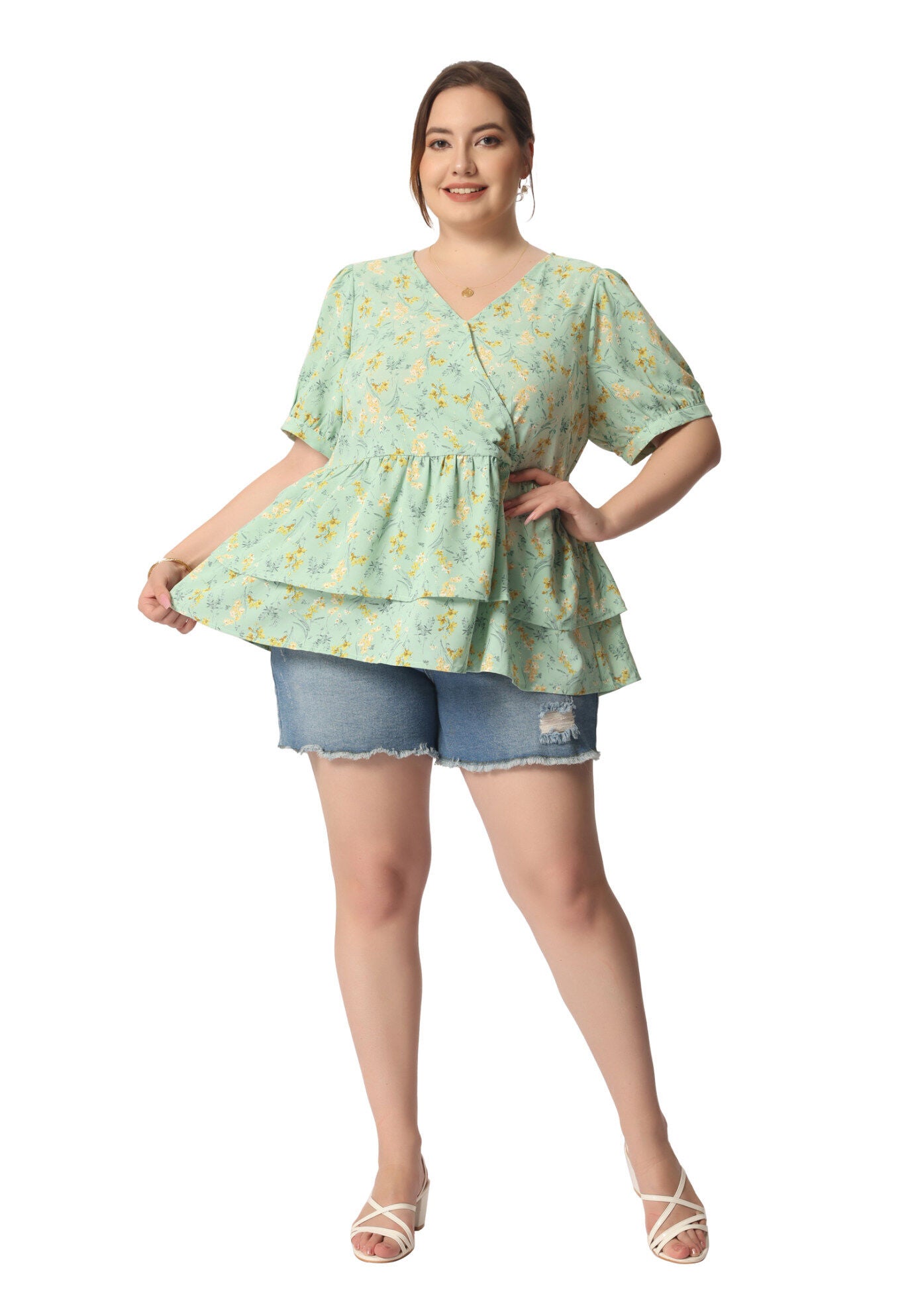 V Neck Short Sleeve Layered Peplum Top Summer Floral Blouse, Green / Light Green, hi-res image number 0