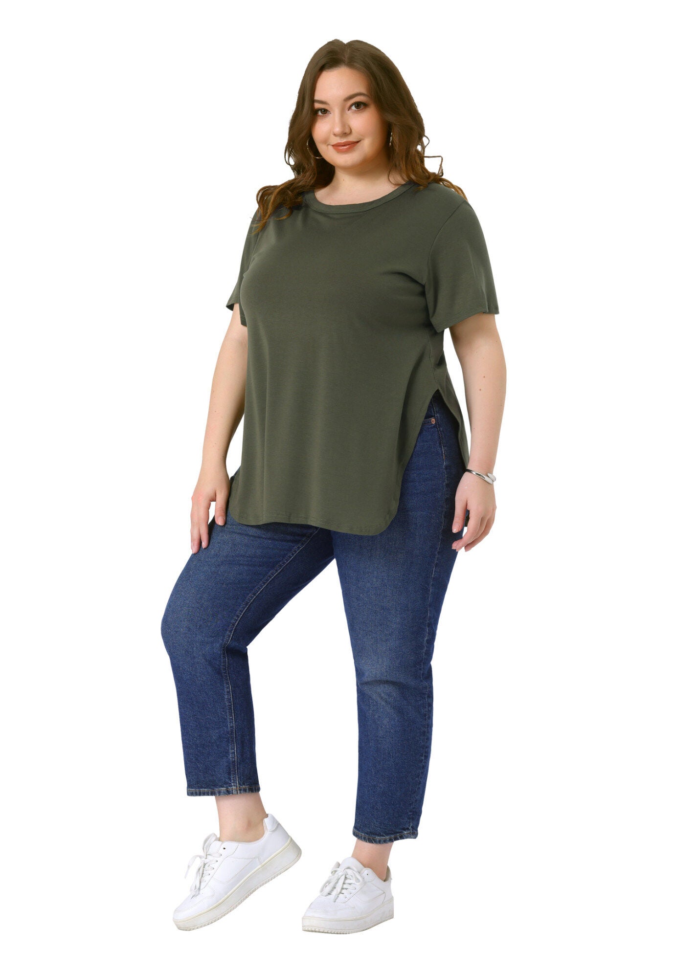 Short Sleeve Round Neck Side Split Hem T-Shirts, Army Green / Olive Green, hi-res image number 0