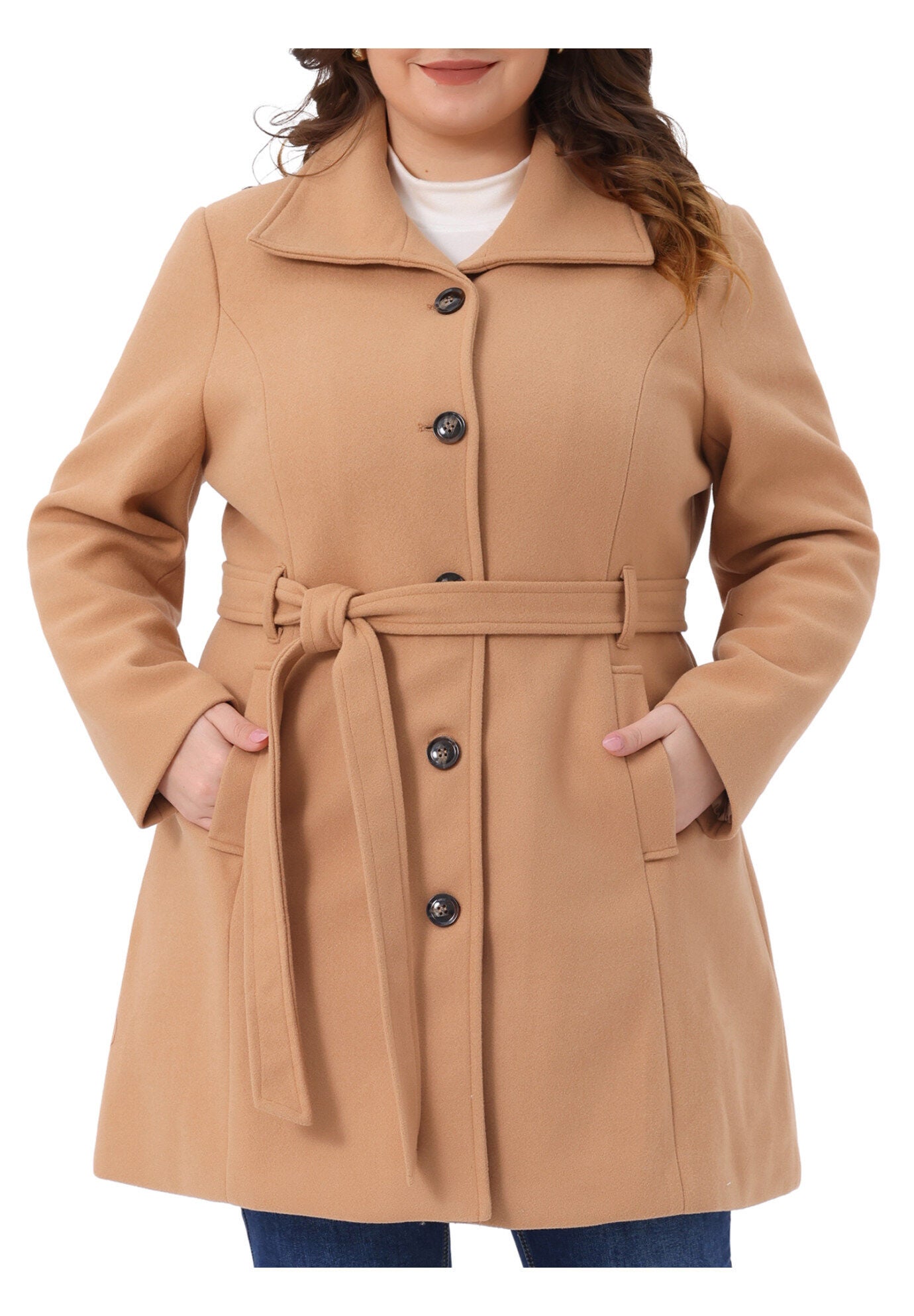 Single Breasted Overcoat Pockets Winter Outerwear with Belt, Camel / Brown, alternate image number 2