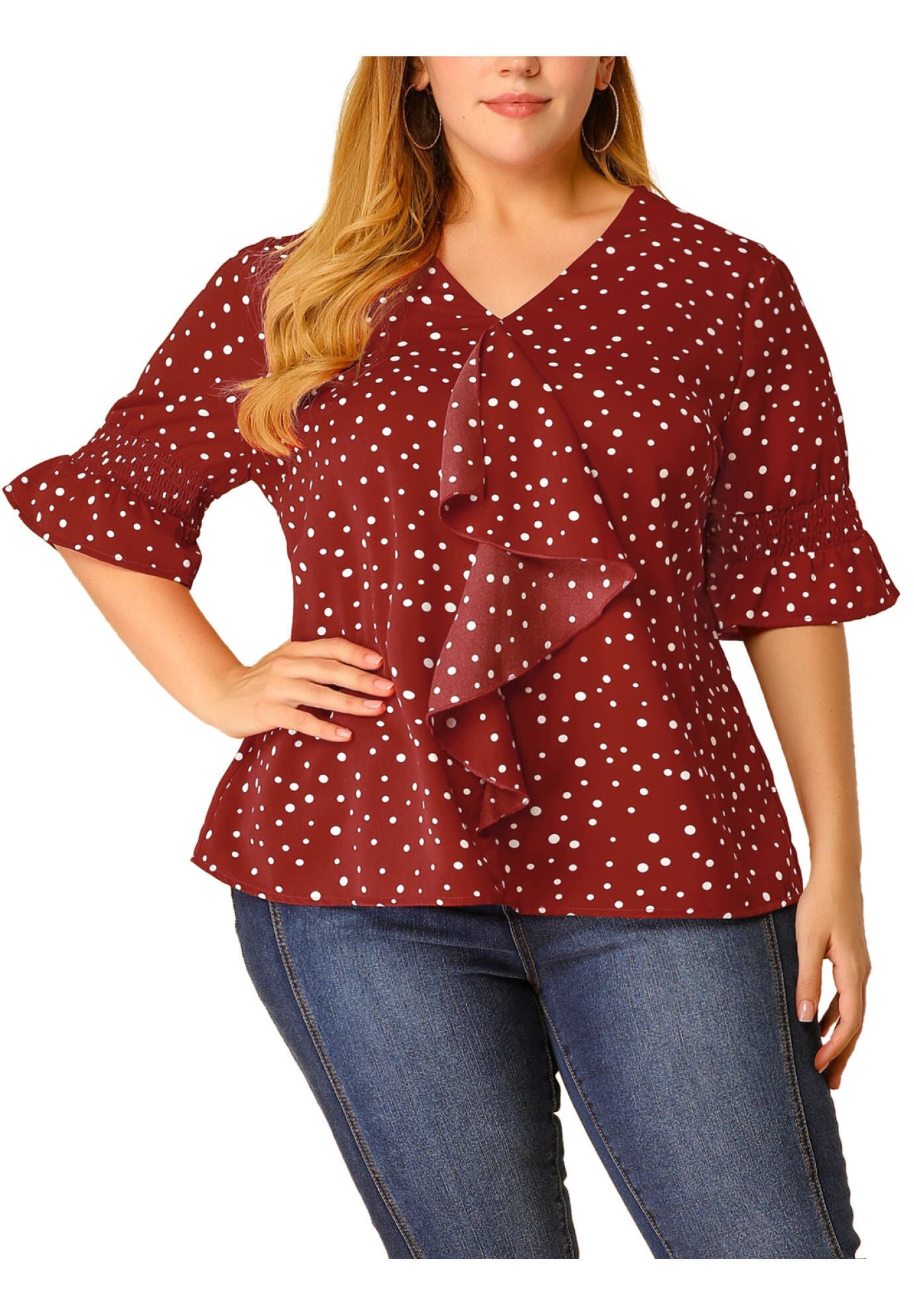 Ruffle Blouse V Neck Smocked Sleeves Top, Red White / Red, alternate image number 2