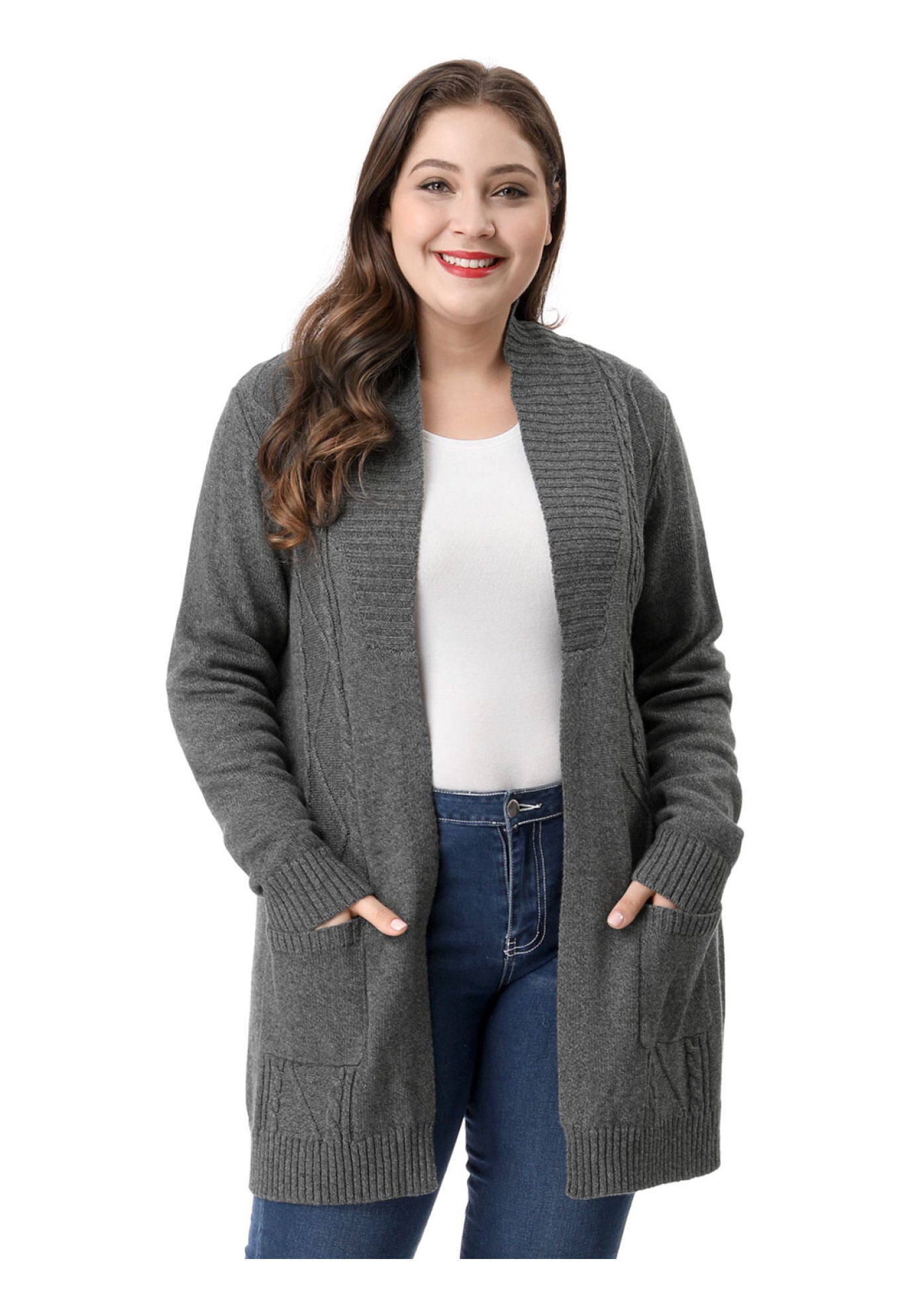 SHAWL COLLAR OPEN FRONT SWEATER CARDIGAN, Grey / Charcoal Grey, alternate image number 2
