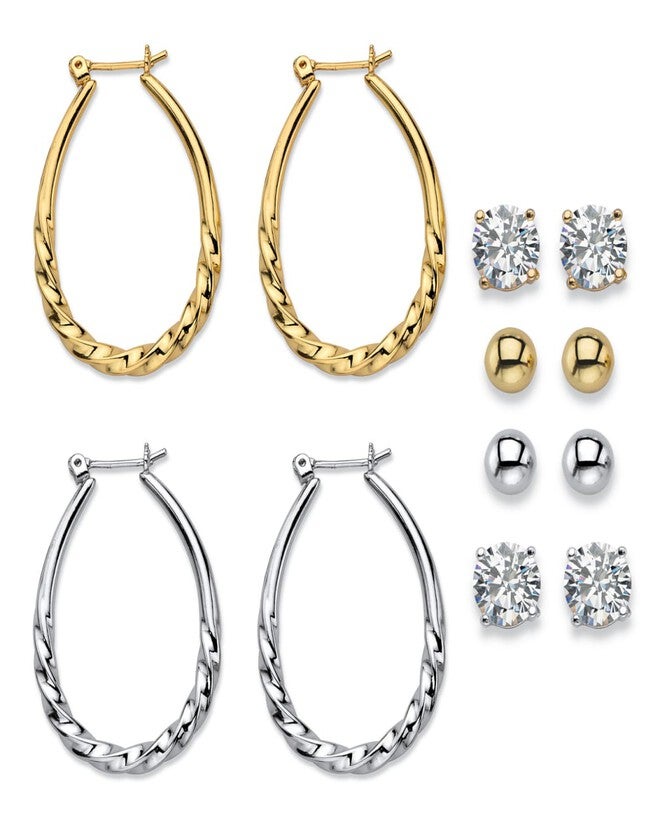 8 Cttw. CZ Goldtone and Silvertone 6-Pair Set of Stud and Hoop Earrings, Yellow / Yellow, hi-res image number null