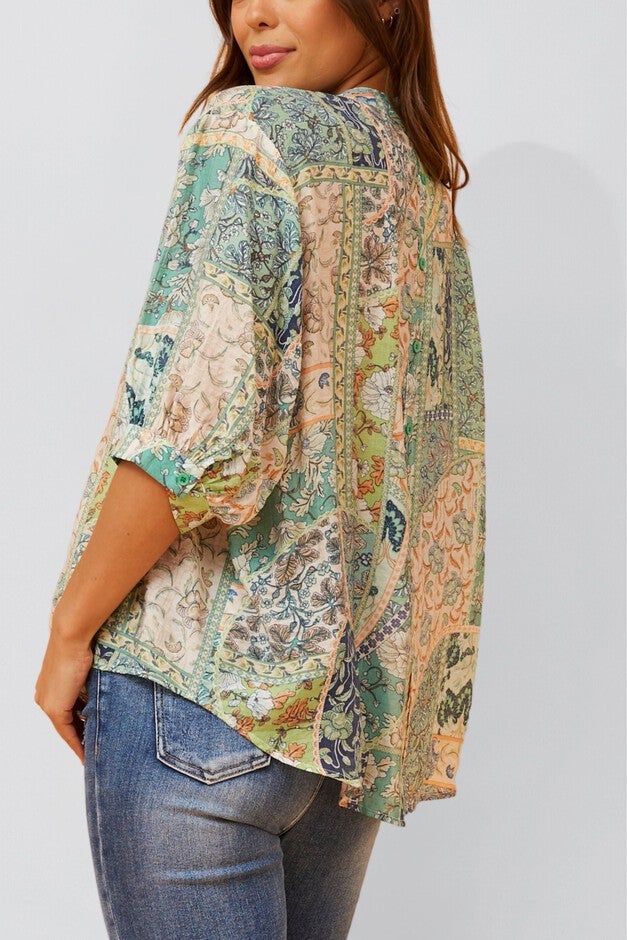 Annick - Daphne Top Floral Print Button Down Front, Green / Light Green, alternate image number null