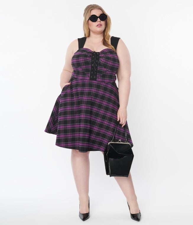 Unique Vintage Purple Plaid Corset Flare Dress, Purple / Purple, hi-res image number null
