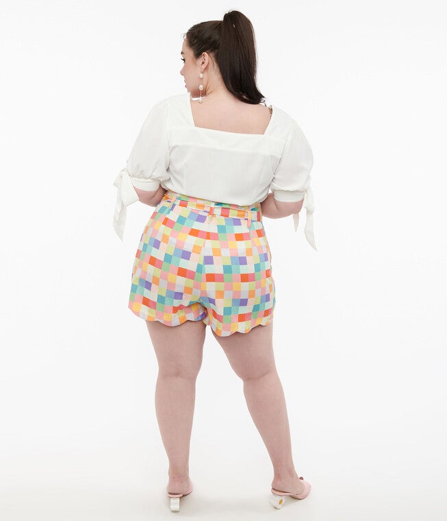 Unique Vintage 1940s Rainbow Pastel Check Cotton High Waist Shorts, , alternate image number null