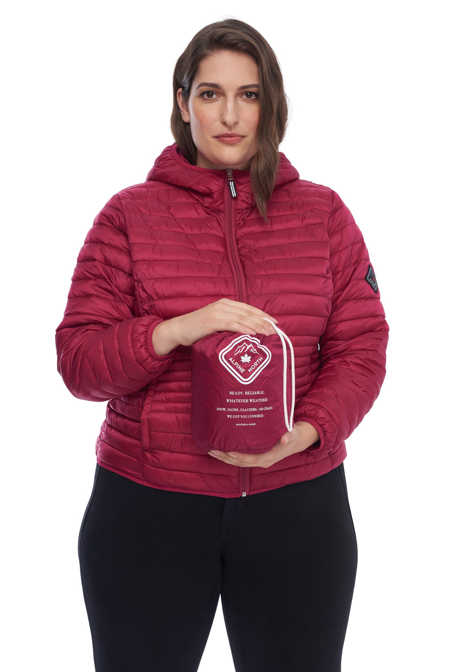 Women's Plus Size - YOHO | Vegan Down Lightweight Packable Puffer Jacket & Bag, Raspberry / Raspberry, alternate image number 1